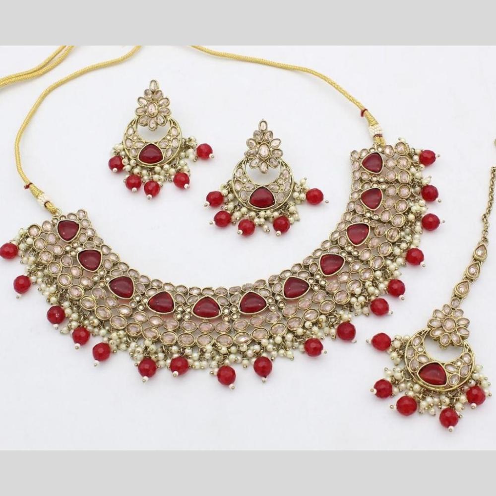 JewelMaze Gold Plated Crystal Stone And Pearls Choker Necklace Set - 10581281GR