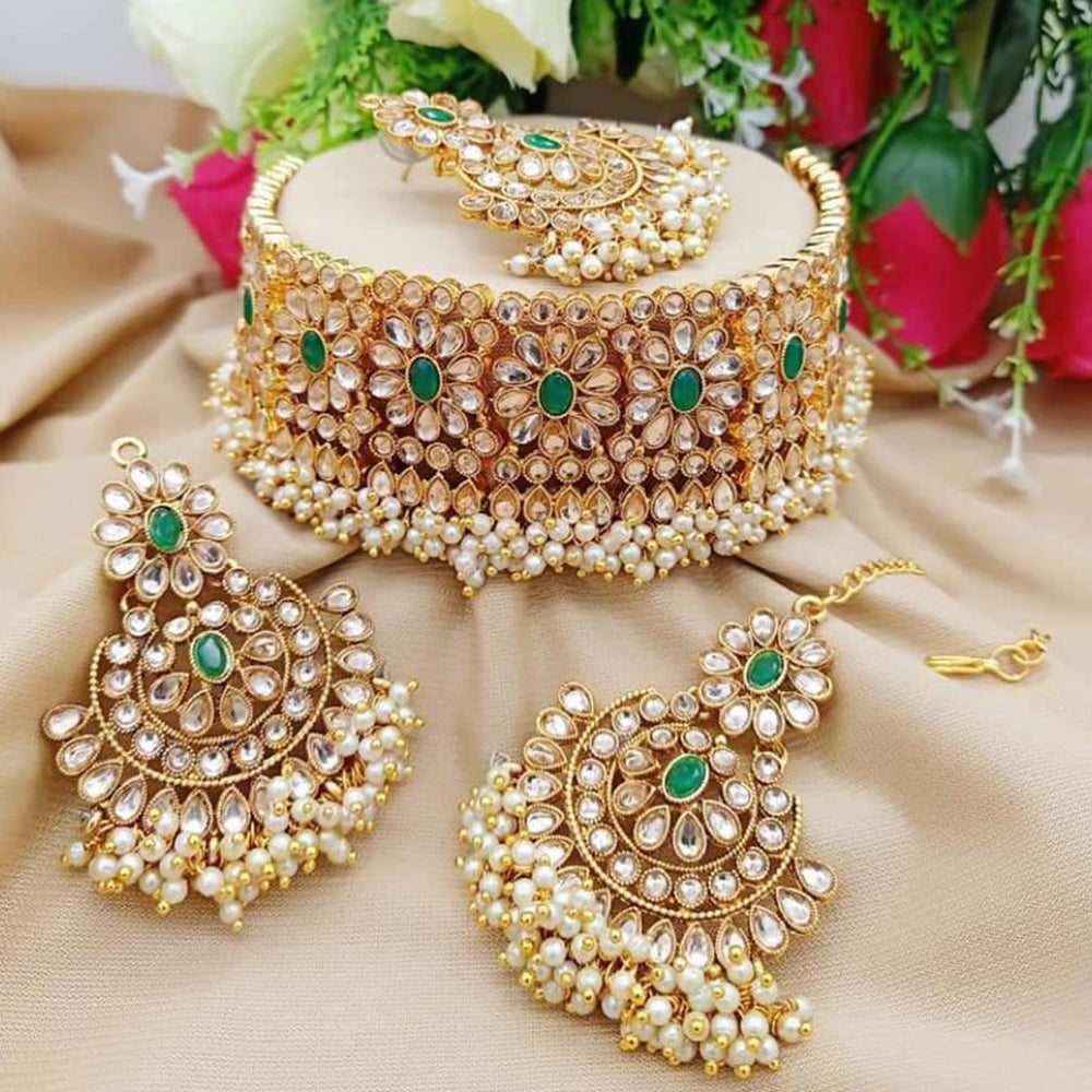 JewelMaze Gold Plated Crystal Stone And Pearls Choker Necklace Set - 10581282GR