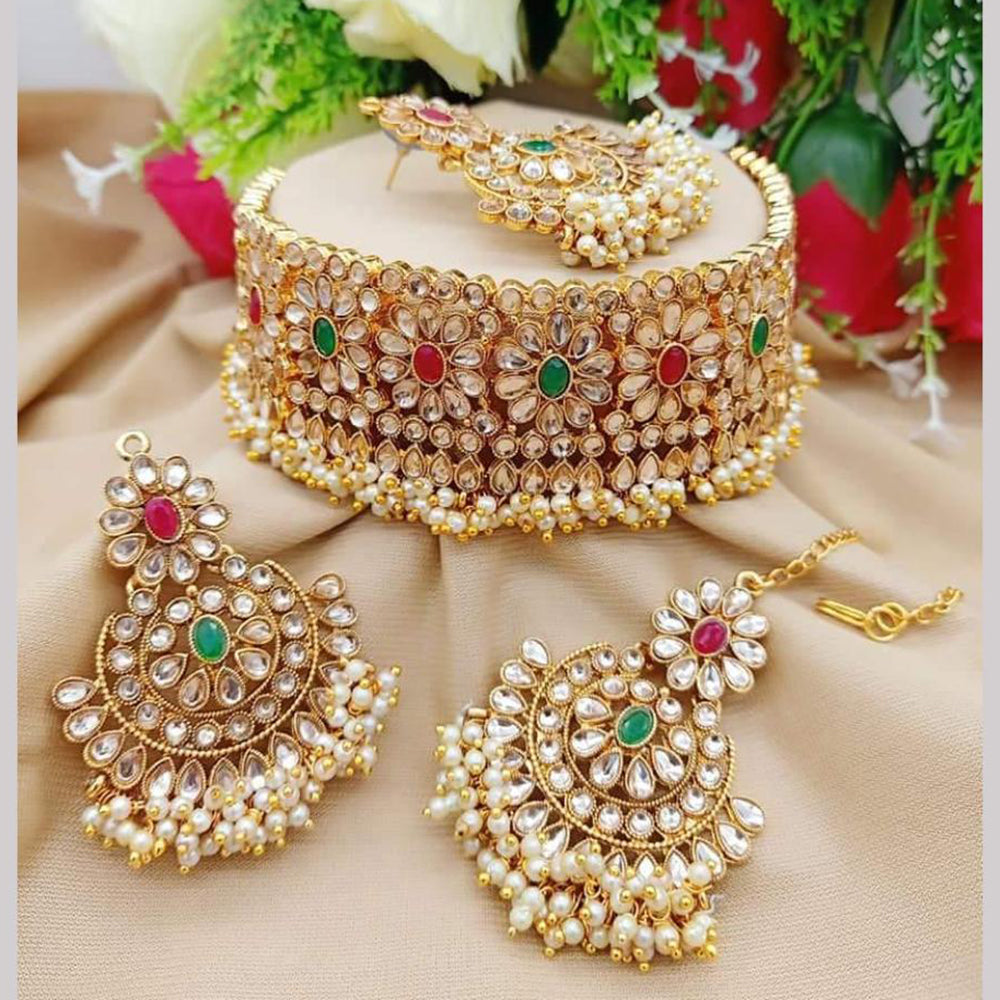 JewelMaze Gold Plated Crystal Stone And Pearls Choker Necklace Set - 10581282GR