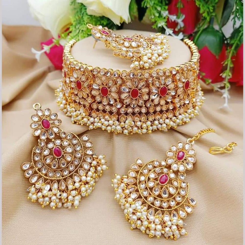 JewelMaze Gold Plated Crystal Stone And Pearls Choker Necklace Set - 10581282GR