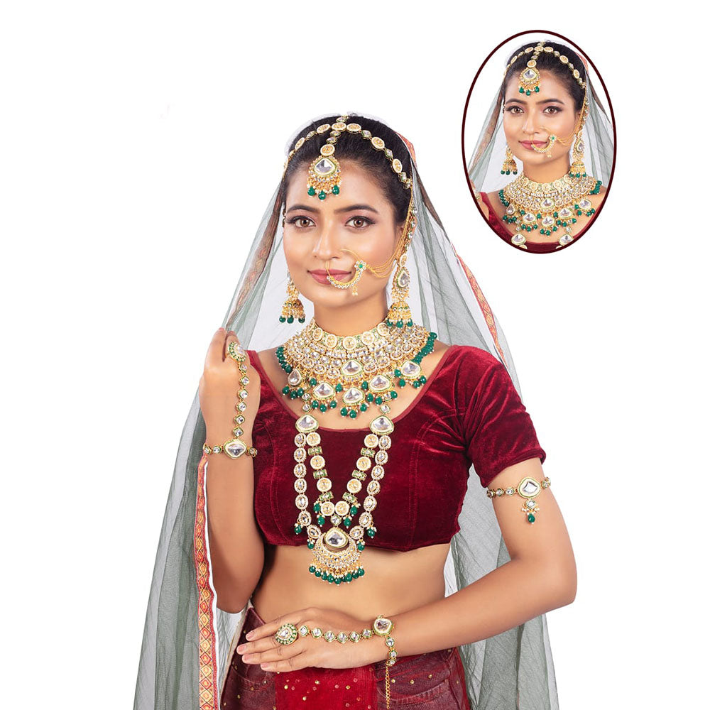 JewelMaze Gold Plated Kundan Stone & Beads Bridal Jewellery Set - 10581289GR