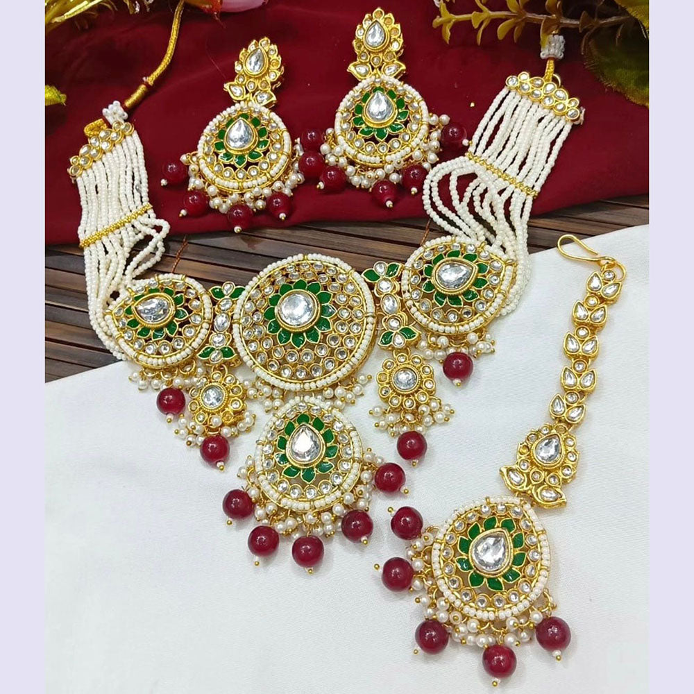 JewelMaze Gold Plated Kundan Stone Beads And Pearls Meenakari Necklace Set - 10581295DP