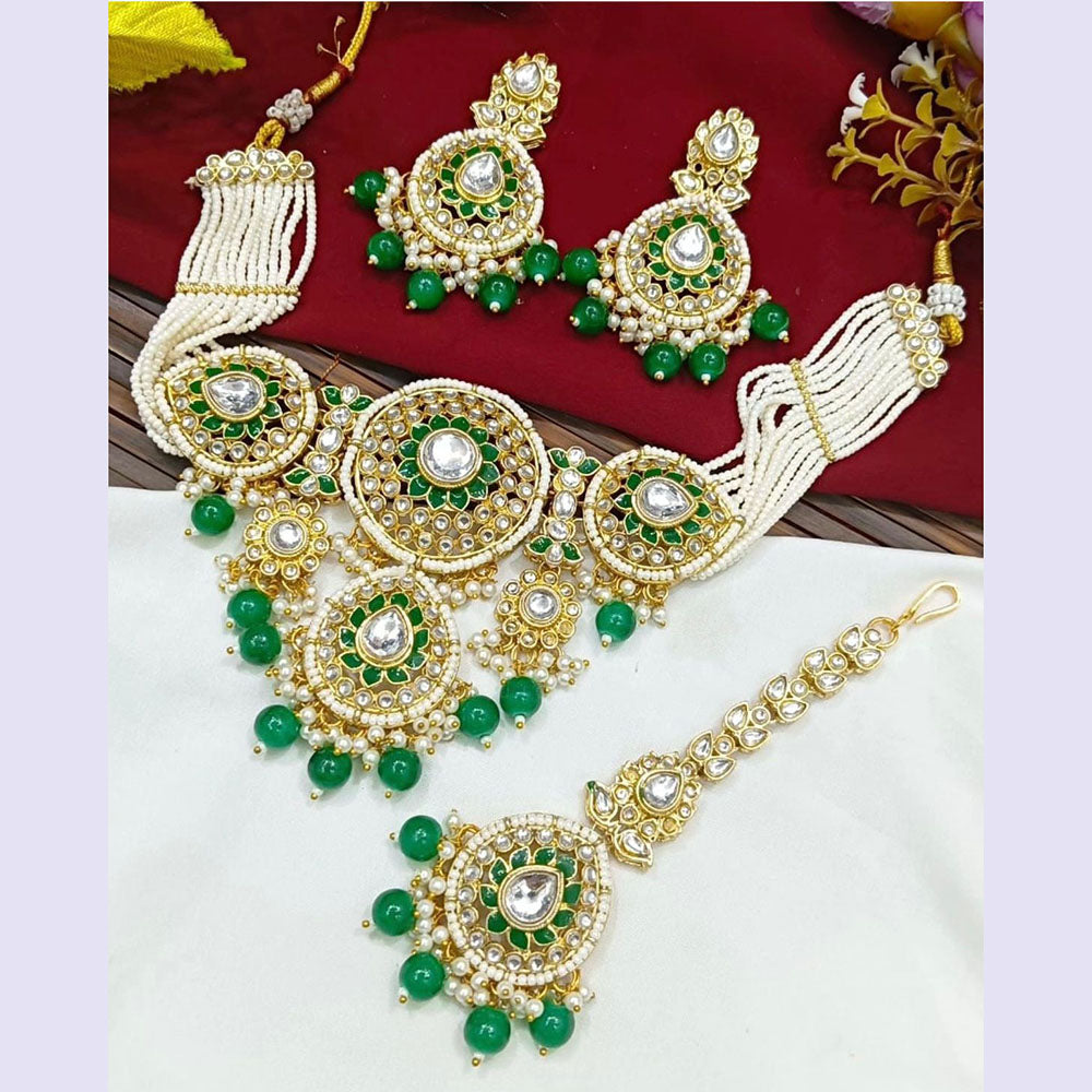 JewelMaze Gold Plated Kundan Stone Beads And Pearls Meenakari Necklace Set - 10581295DP