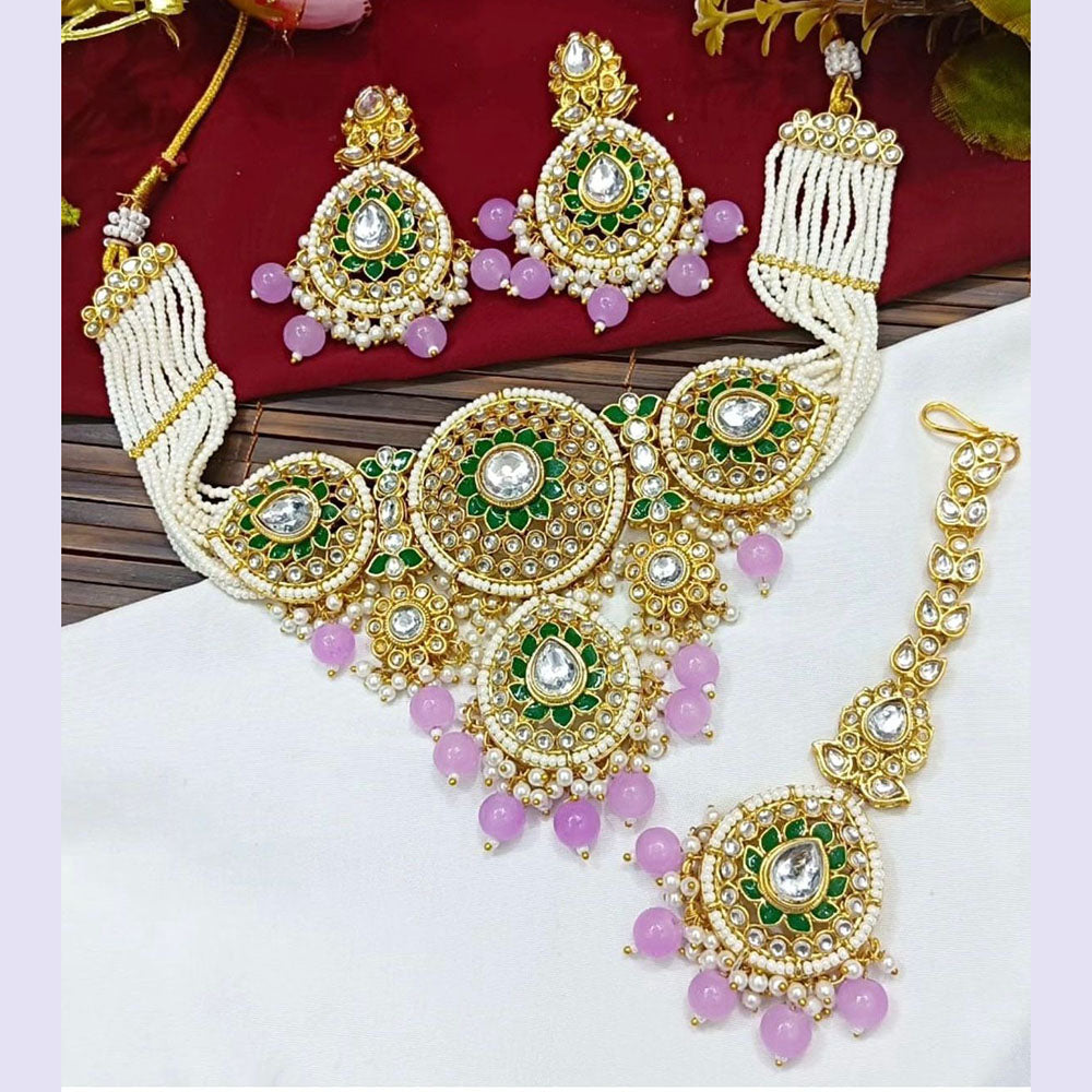 JewelMaze Gold Plated Kundan Stone Beads And Pearls Meenakari Necklace Set - 10581295DP