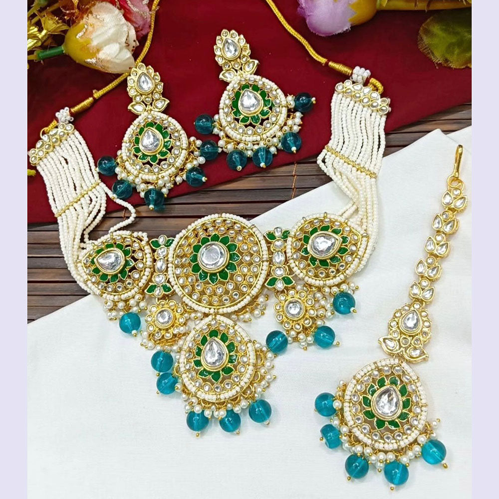 JewelMaze Gold Plated Kundan Stone Beads And Pearls Meenakari Necklace Set - 10581295DP