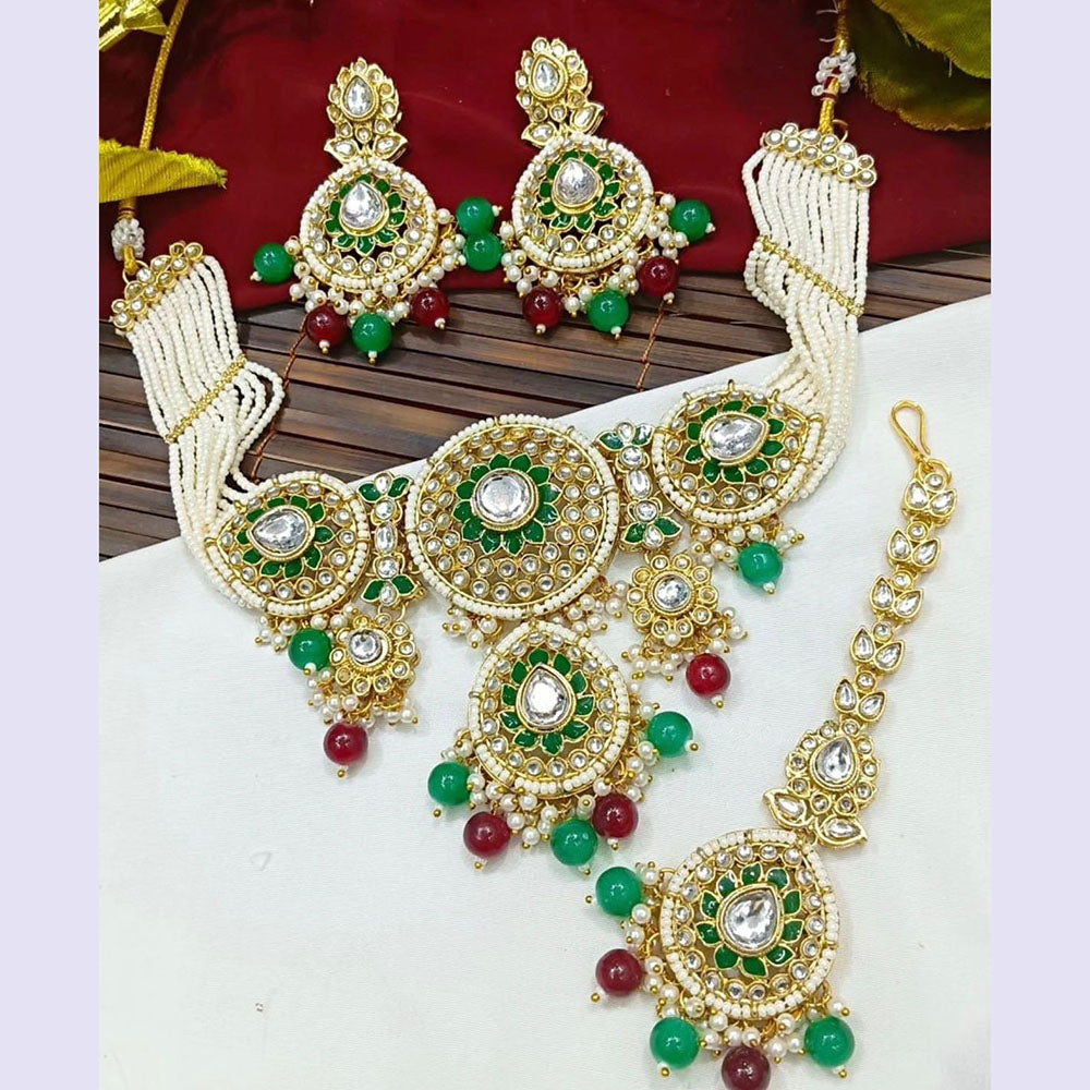 JewelMaze Gold Plated Kundan Stone Beads And Pearls Meenakari Necklace Set - 10581295DP