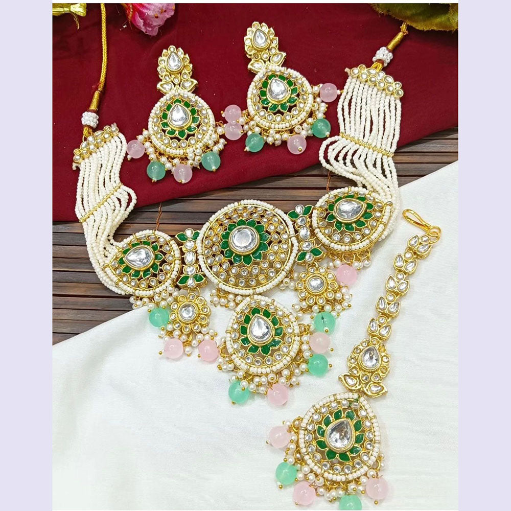 JewelMaze Gold Plated Kundan Stone Beads And Pearls Meenakari Necklace Set - 10581295DP