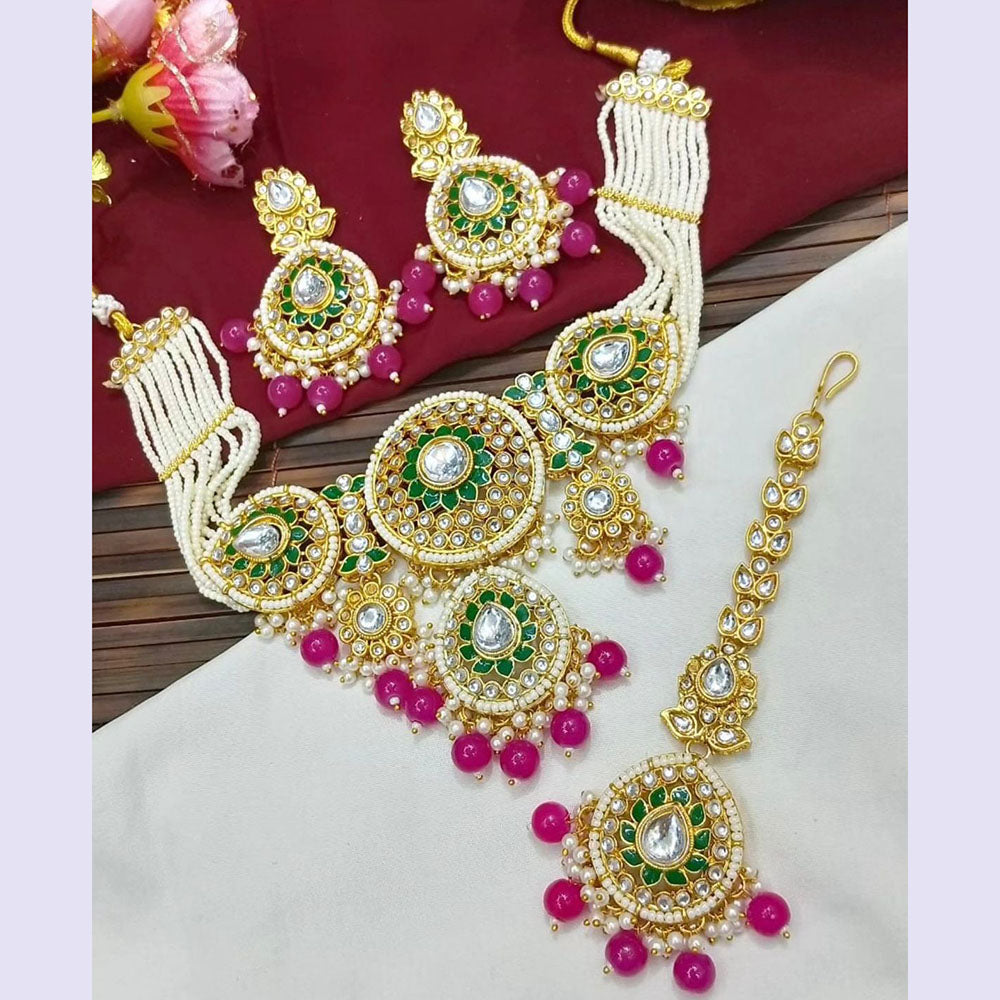 JewelMaze Gold Plated Kundan Stone Beads And Pearls Meenakari Necklace Set - 10581295DP