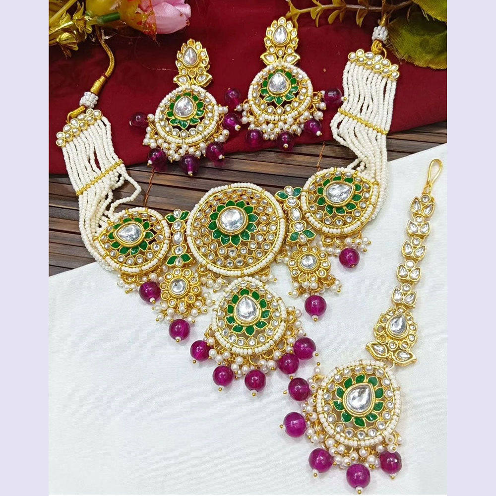 JewelMaze Gold Plated Kundan Stone Beads And Pearls Meenakari Necklace Set - 10581295DP
