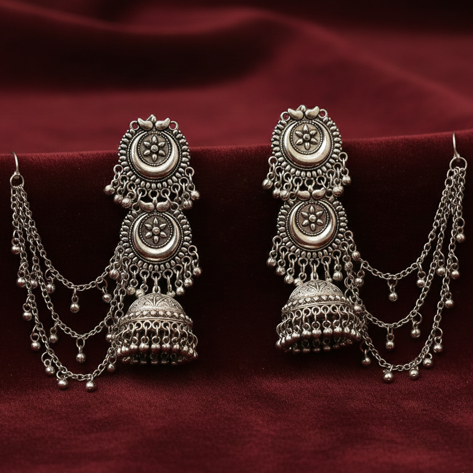 JewelMaze Oxidised Layered Jhumka Earrings With Kan Chain