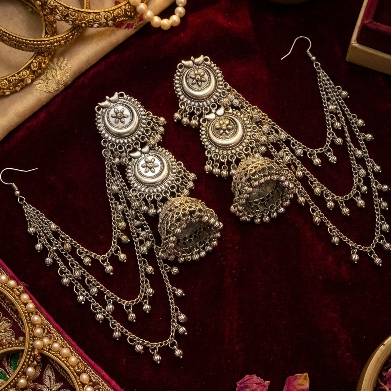 JewelMaze Oxidised Layered Jhumka Earrings With Kan Chain