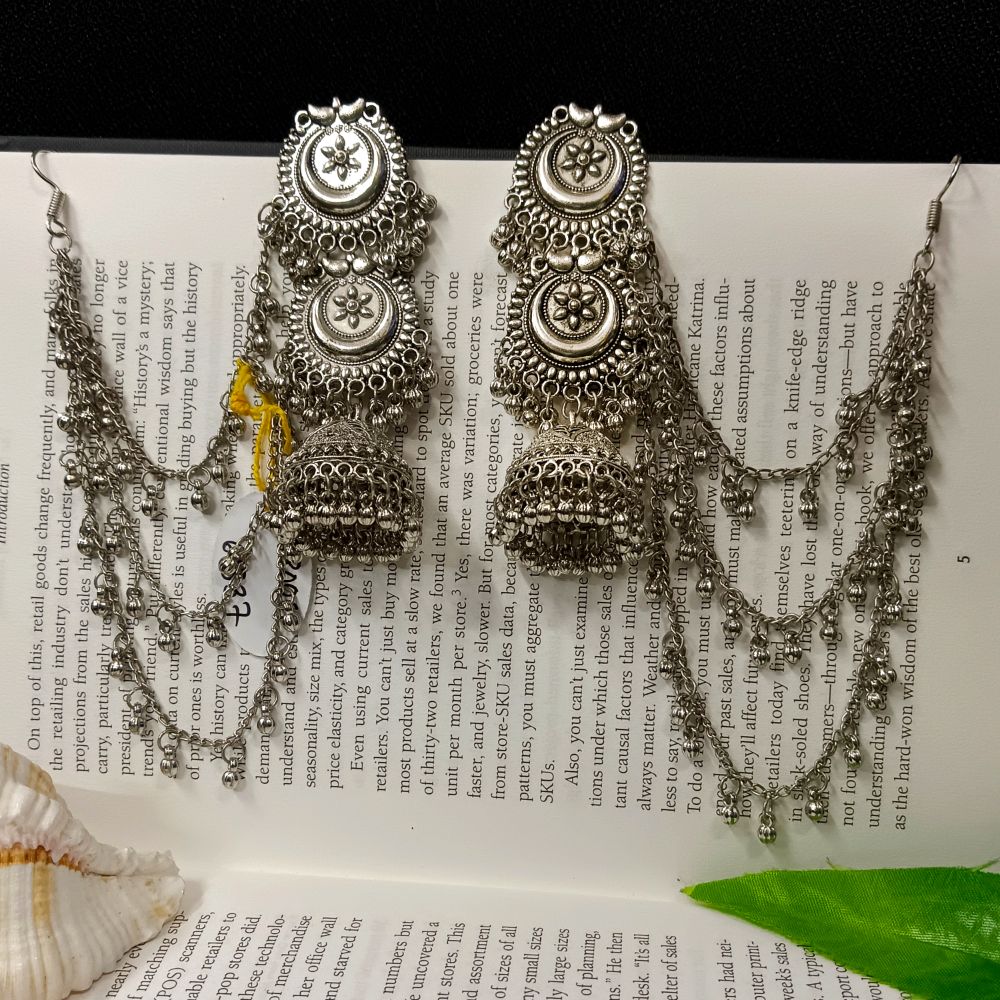 JewelMaze Oxidised Layered Jhumka Earrings With Kan Chain