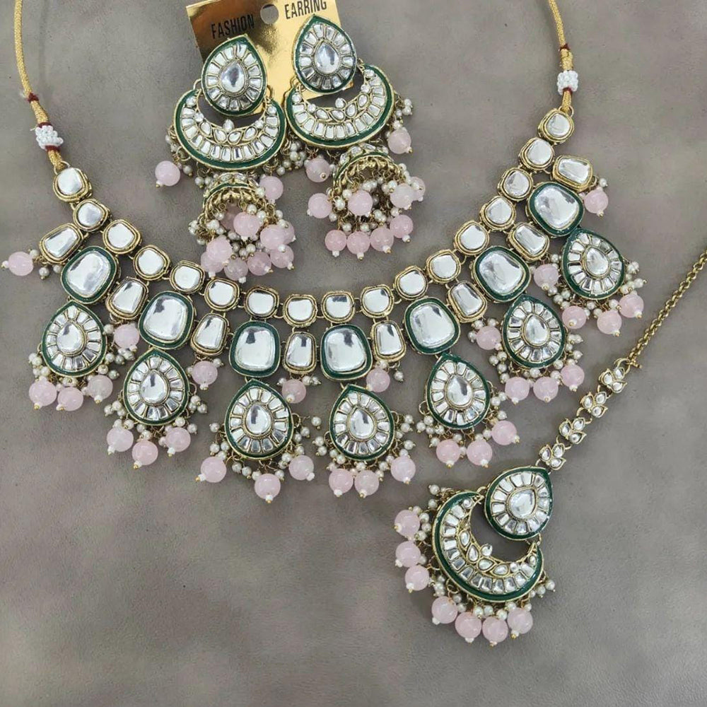 JewelMaze Gold Plated Kundan Stone And Beads Necklace Set - 10731313PK