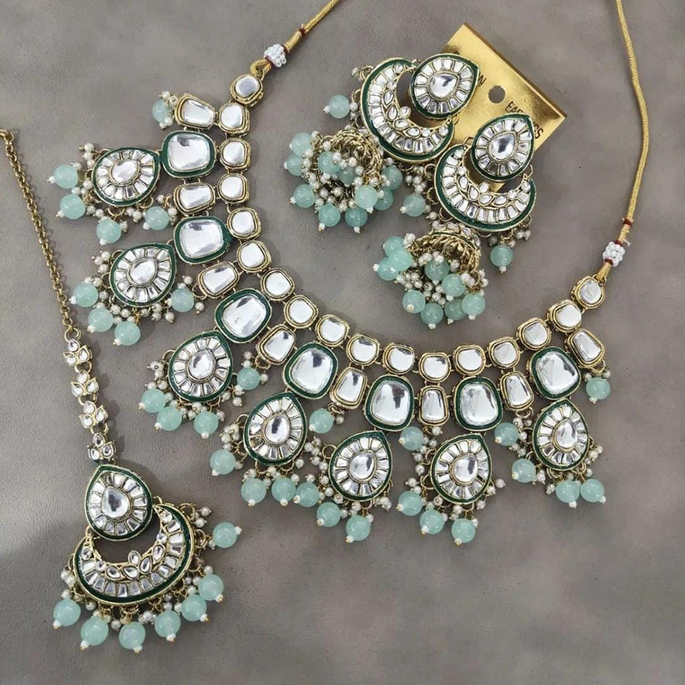 JewelMaze Gold Plated Kundan Stone And Beads Necklace Set - 10731313PK
