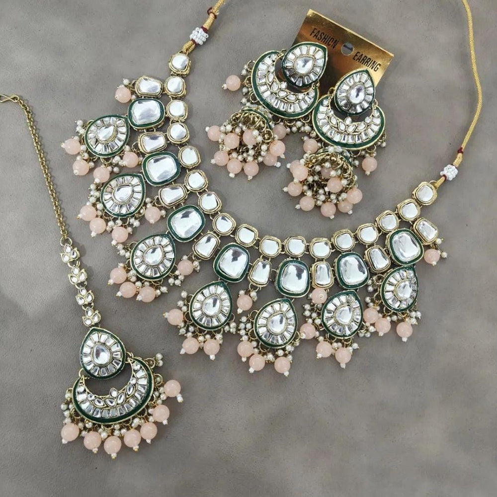 JewelMaze Gold Plated Kundan Stone And Beads Necklace Set - 10731313PK