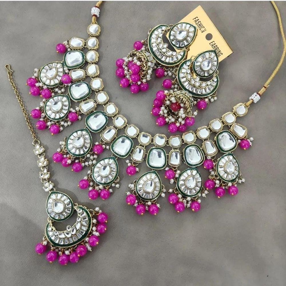 JewelMaze Gold Plated Kundan Stone And Beads Necklace Set - 10731313PK