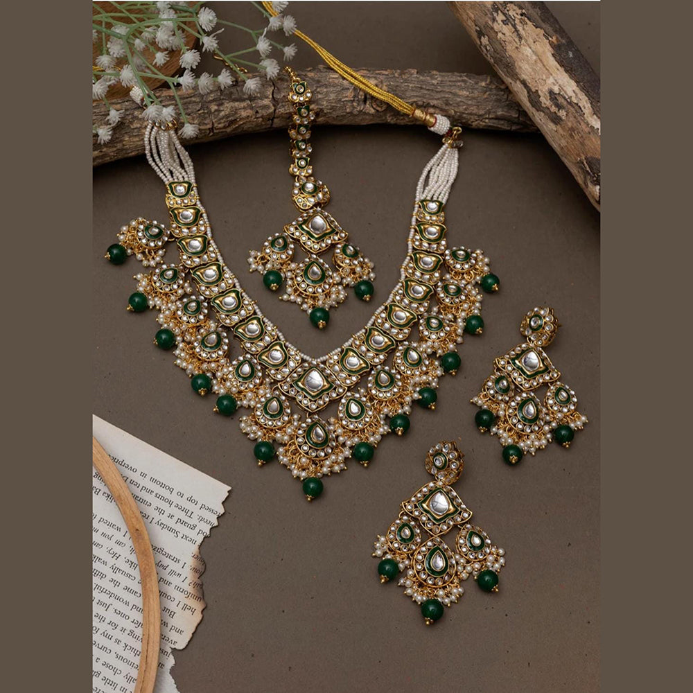 JewelMaze Gold Plated Kundan Stone And Beads Necklace Set - 10731314GR