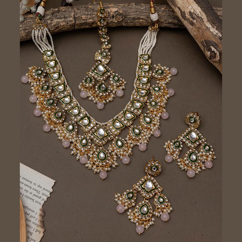 JewelMaze Gold Plated Kundan Stone And Beads Necklace Set - 10731314GR