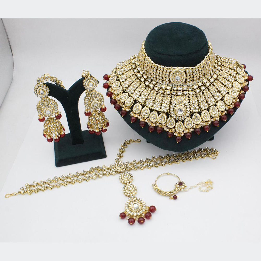 JewelMaze Gold Plated Kundan Stone And Beads Choker Necklace Set - 10731315GR