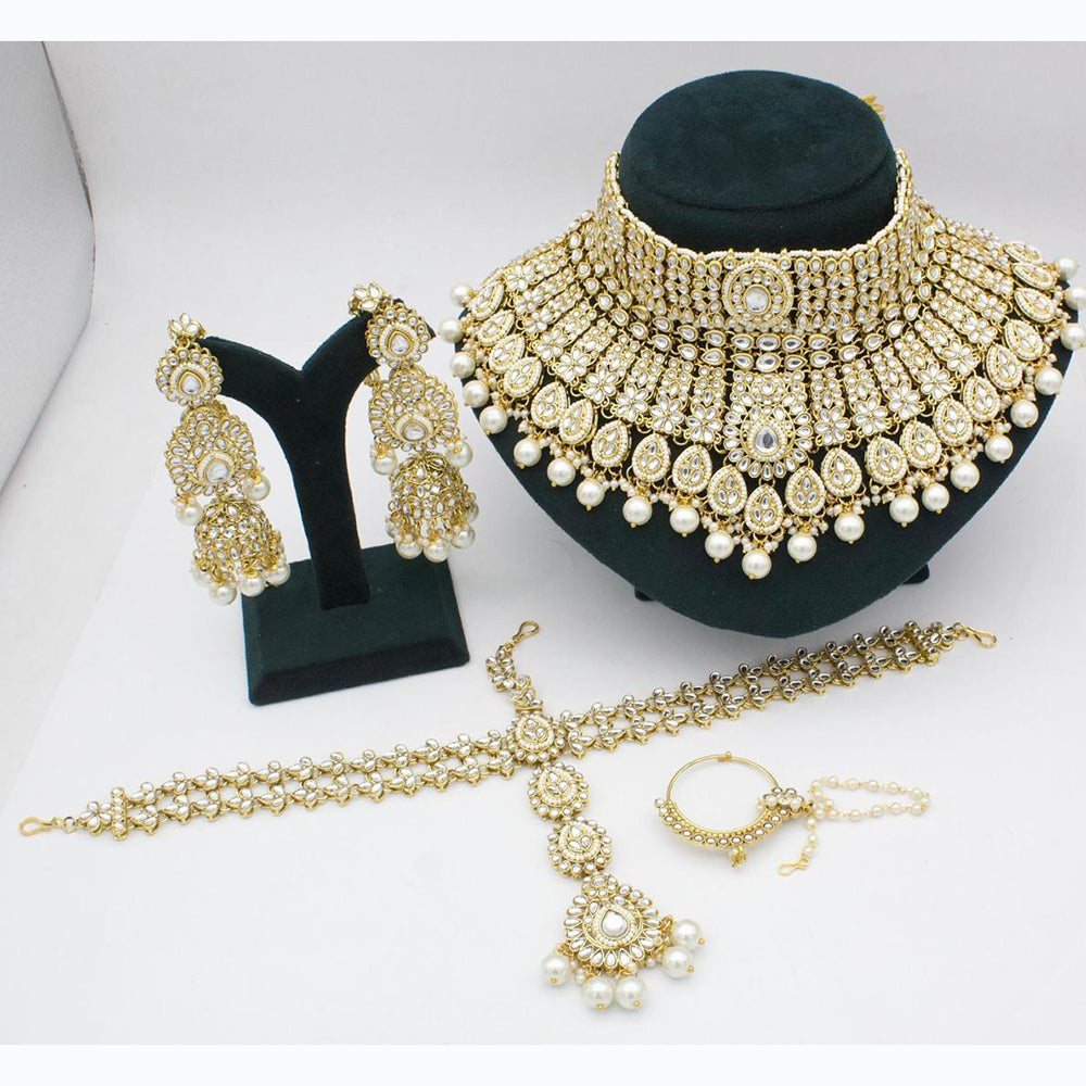JewelMaze Gold Plated Kundan Stone And Beads Choker Necklace Set - 10731315GR