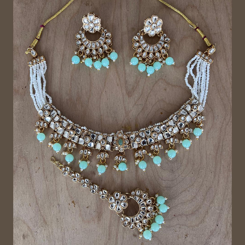JewelMaze Gold Plated Kundan Stone And Pearls Choker Necklace Set - 10731321GR