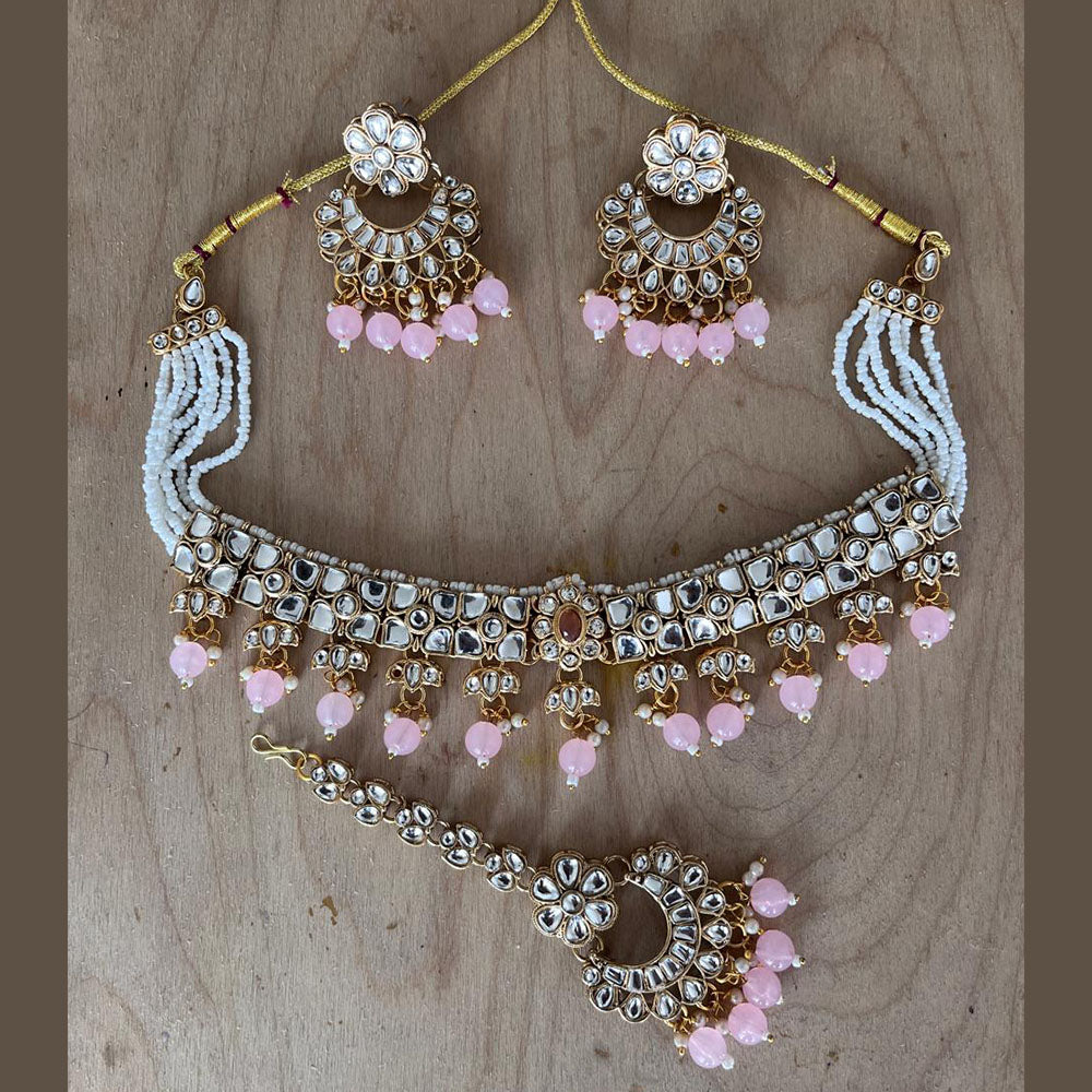 JewelMaze Gold Plated Kundan Stone And Pearls Choker Necklace Set - 10731321GR