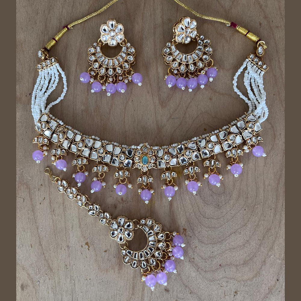 JewelMaze Gold Plated Kundan Stone And Pearls Choker Necklace Set - 10731321GR