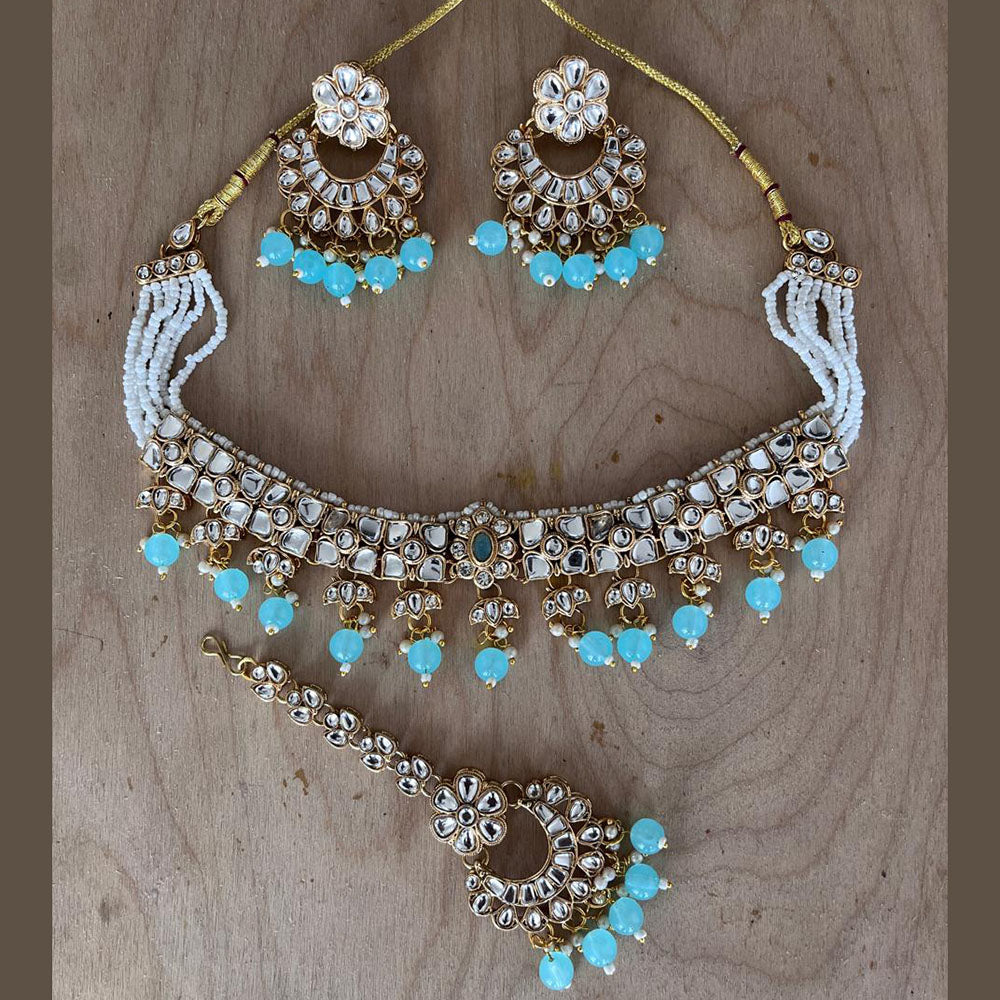 JewelMaze Gold Plated Kundan Stone And Pearls Choker Necklace Set - 10731321GR