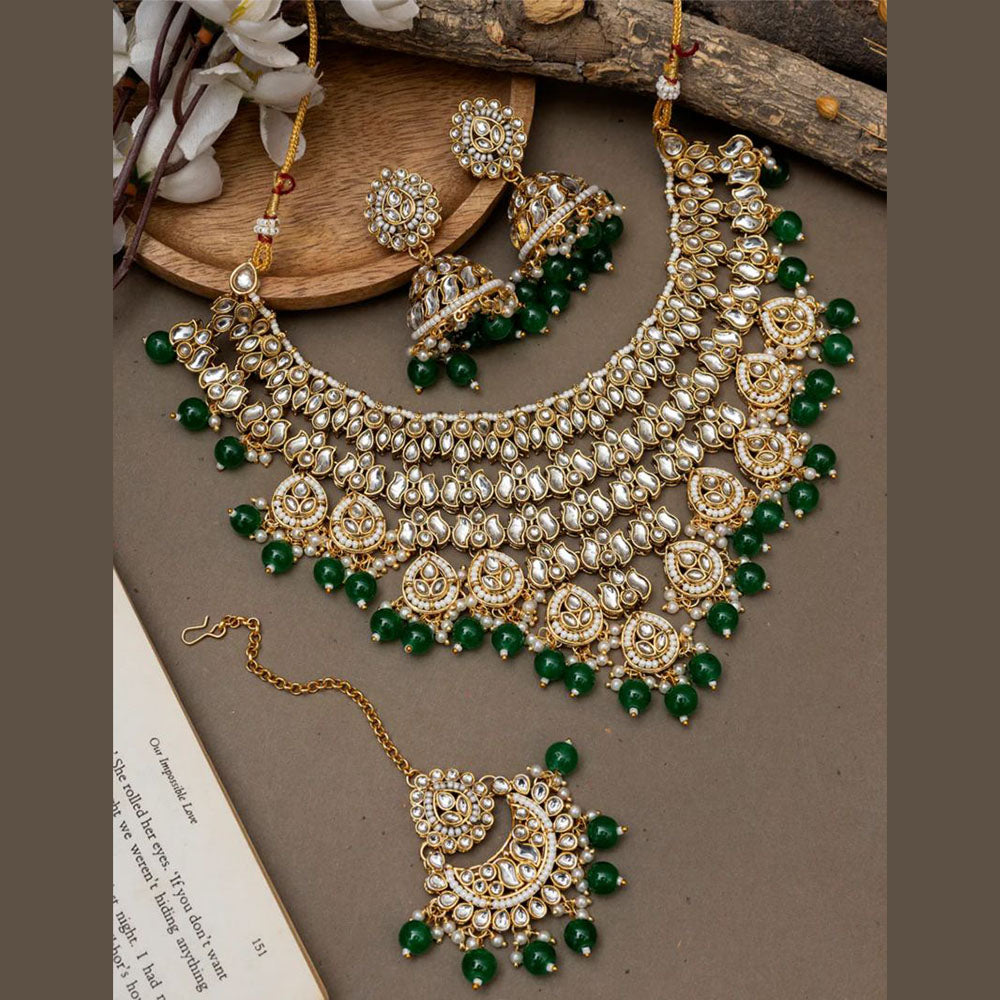 JewelMaze Gold Plated Kundan Stone And Pearls Choker Necklace Set - 10731322GR