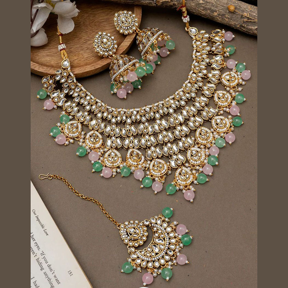 JewelMaze Gold Plated Kundan Stone And Pearls Choker Necklace Set - 10731322GR