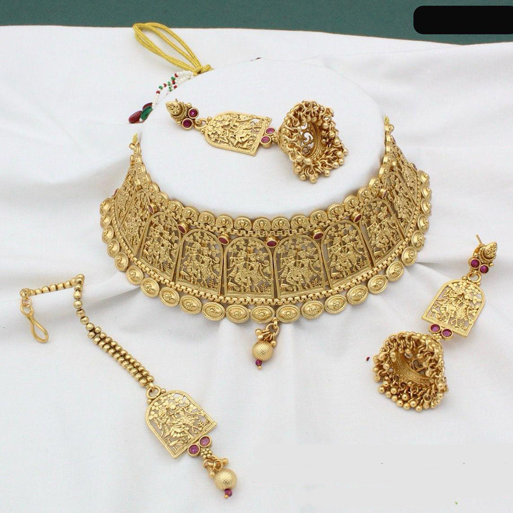 JewelMaze Gold Plated Pota Stone And Beads Temple Choker Necklace Set - 10731340DP