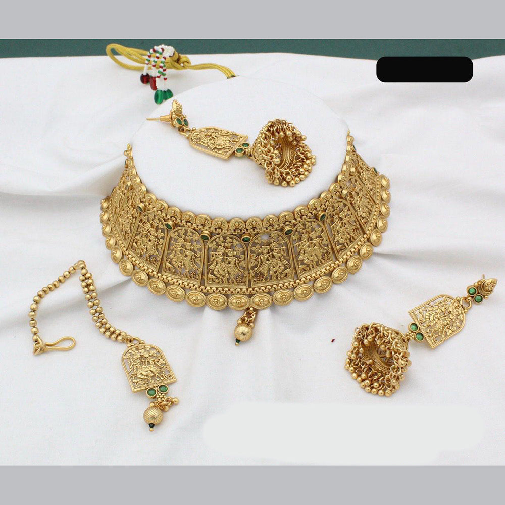 JewelMaze Gold Plated Pota Stone And Beads Temple Choker Necklace Set - 10731340DP