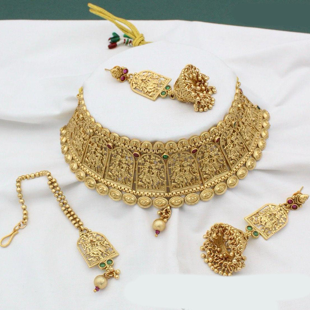 JewelMaze Gold Plated Pota Stone And Beads Temple Choker Necklace Set - 10731340DP