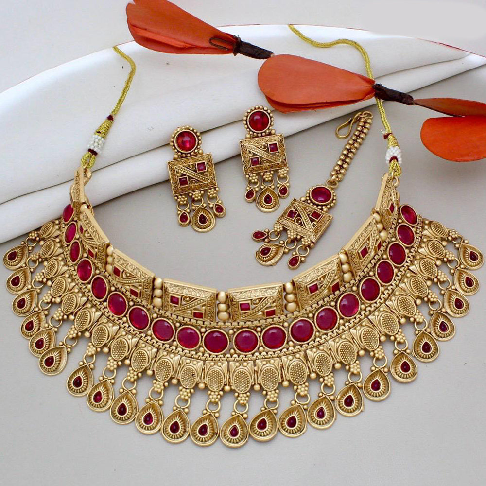 JewelMaze Gold Plated Pota Stone And Beads Choker Necklace Set - 10731341DP