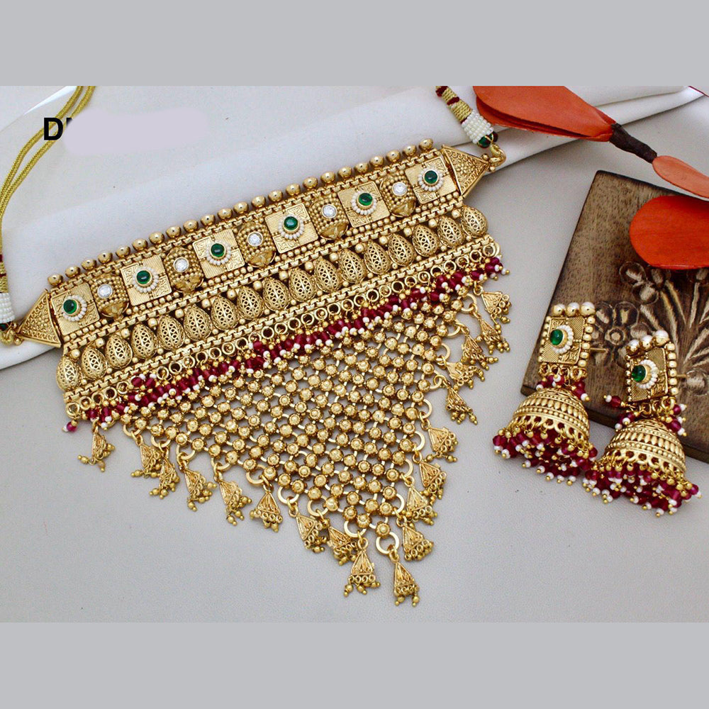 JewelMaze Gold Plated Pota Stone And Beads Choker Necklace Set - 10731342GR