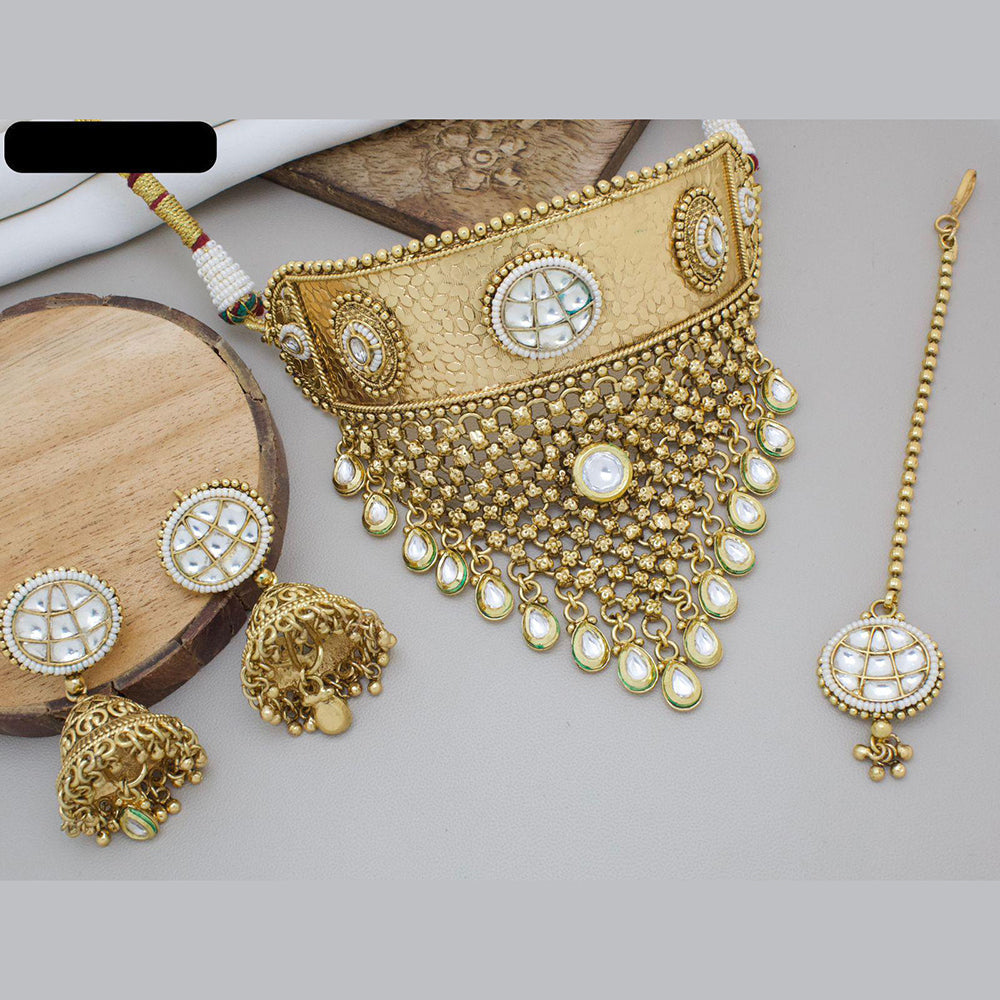 JewelMaze Gold Plated Pota Stone And Beads Choker Necklace Set - 10731343DP