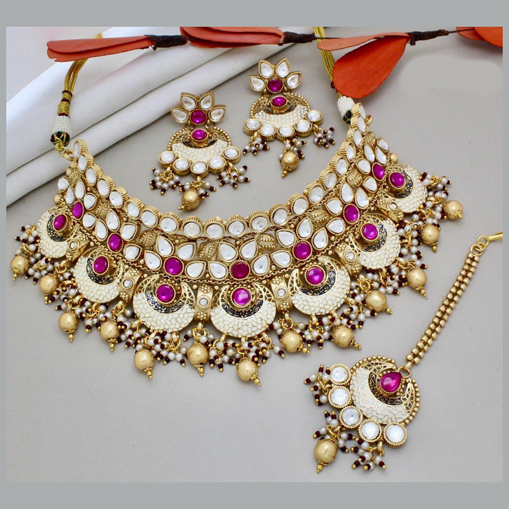 JewelMaze Gold Plated Pota Stone And Beads Choker And Meenakari Necklace Set - 10731344DP