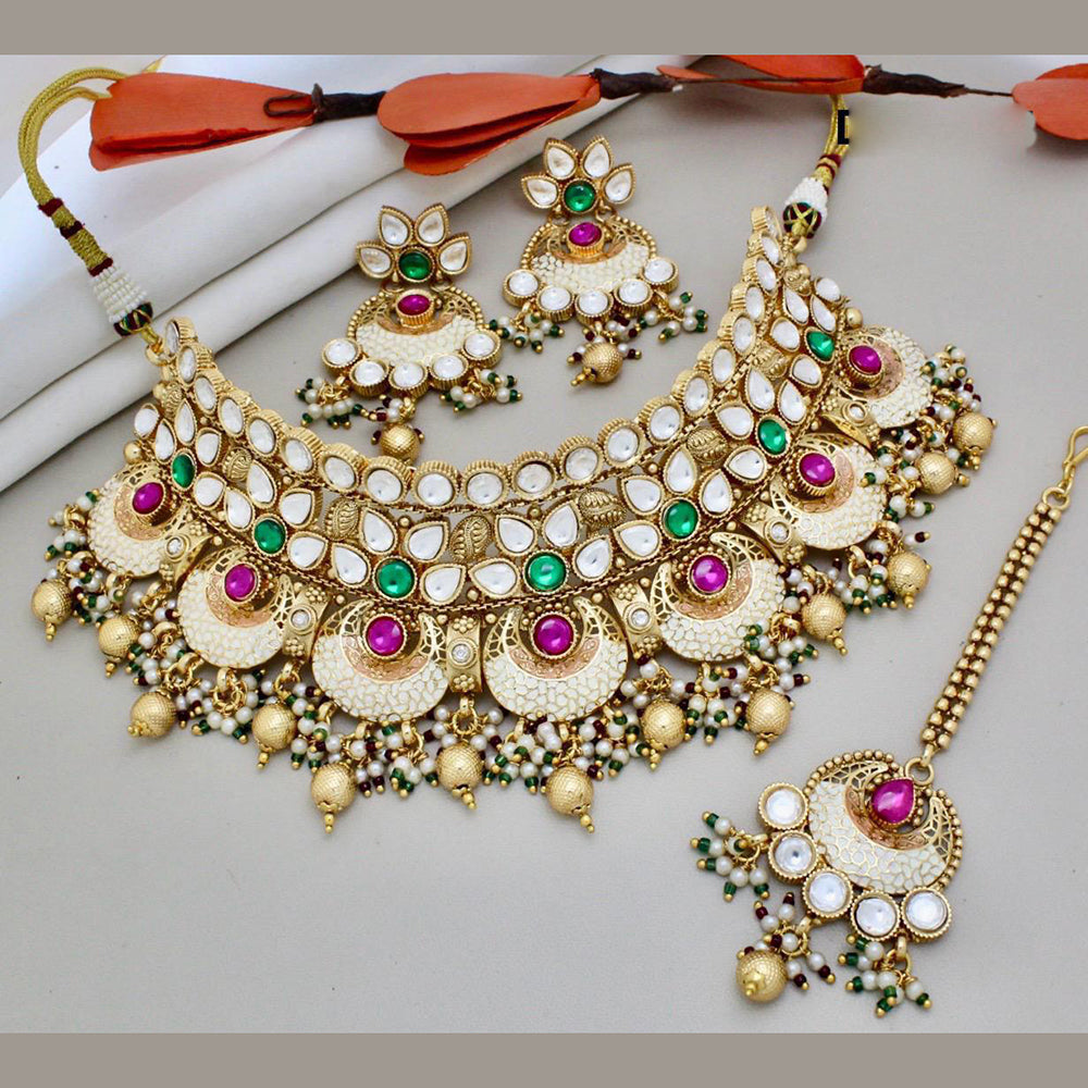 JewelMaze Gold Plated Pota Stone And Beads Choker And Meenakari Necklace Set - 10731344DP