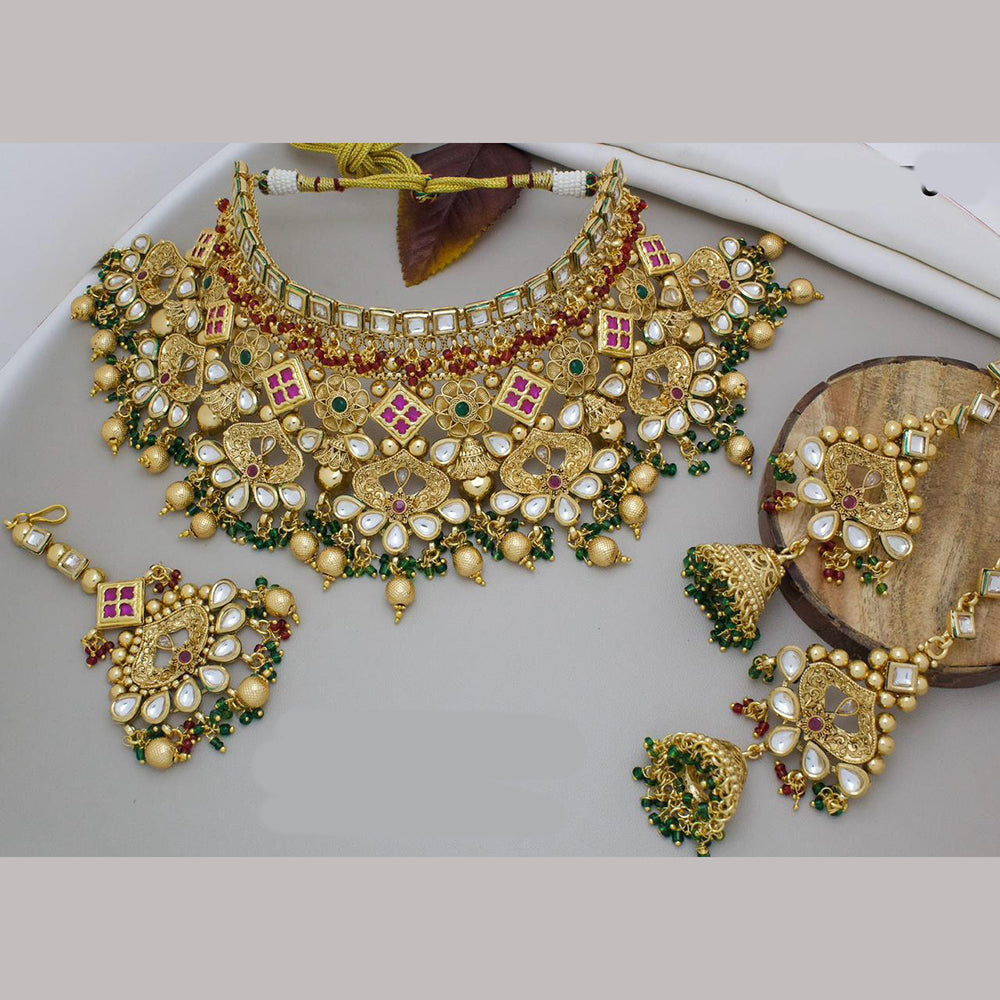 JewelMaze Gold Plated Pota Stone And Beads Choker Necklace Set - 10731345DP