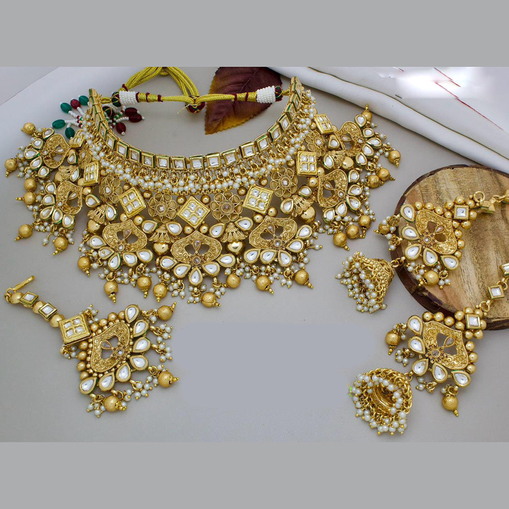 JewelMaze Gold Plated Pota Stone And Beads Choker Necklace Set - 10731345DP