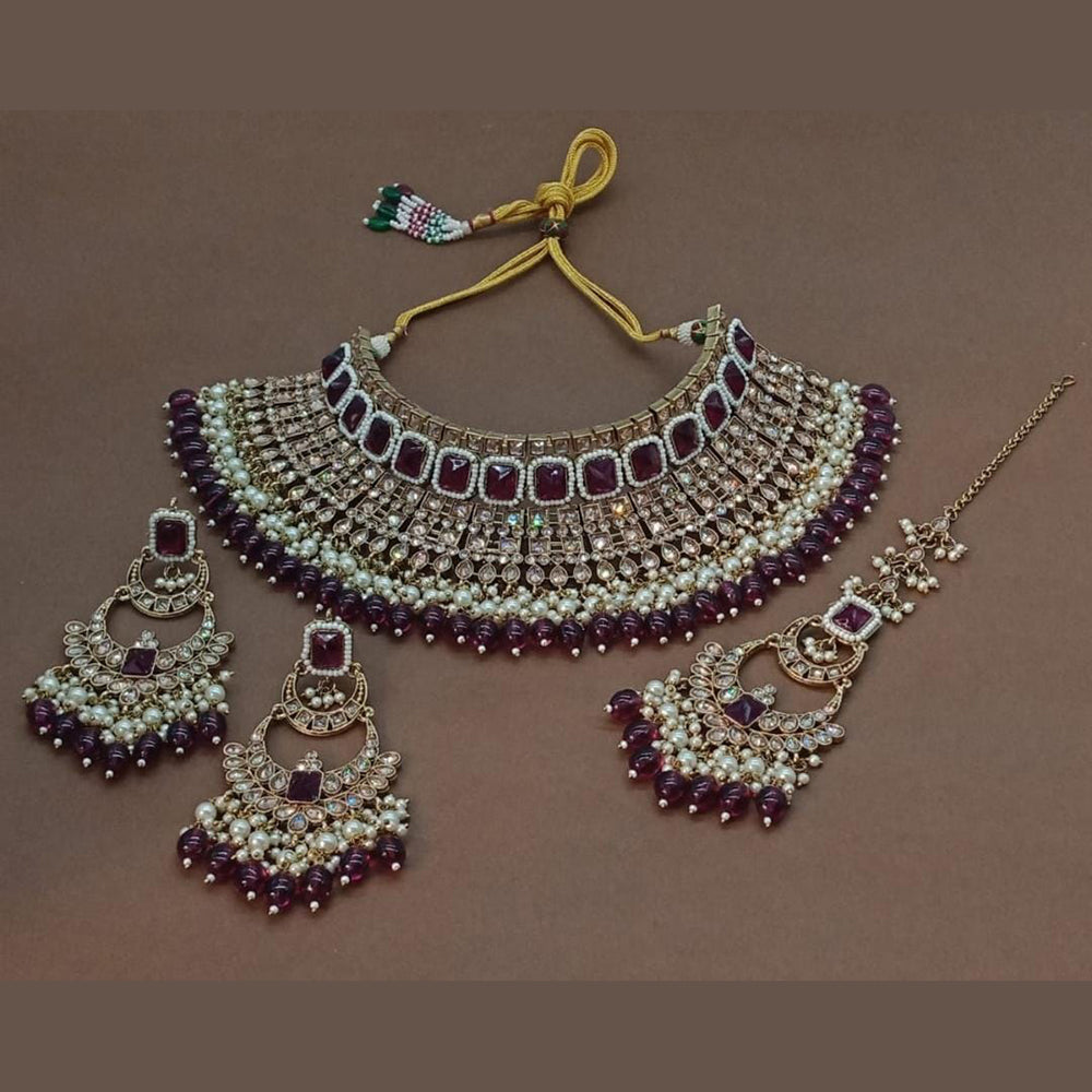 JewelMaze Gold Plated Crystal Stone And Pearls Choker Necklace Set - 10731350GRR