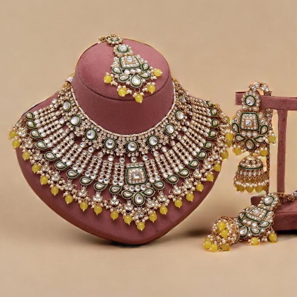 JewelMaze Gold Plated Kundan Stone And Beads Necklace Set - 10731354YE