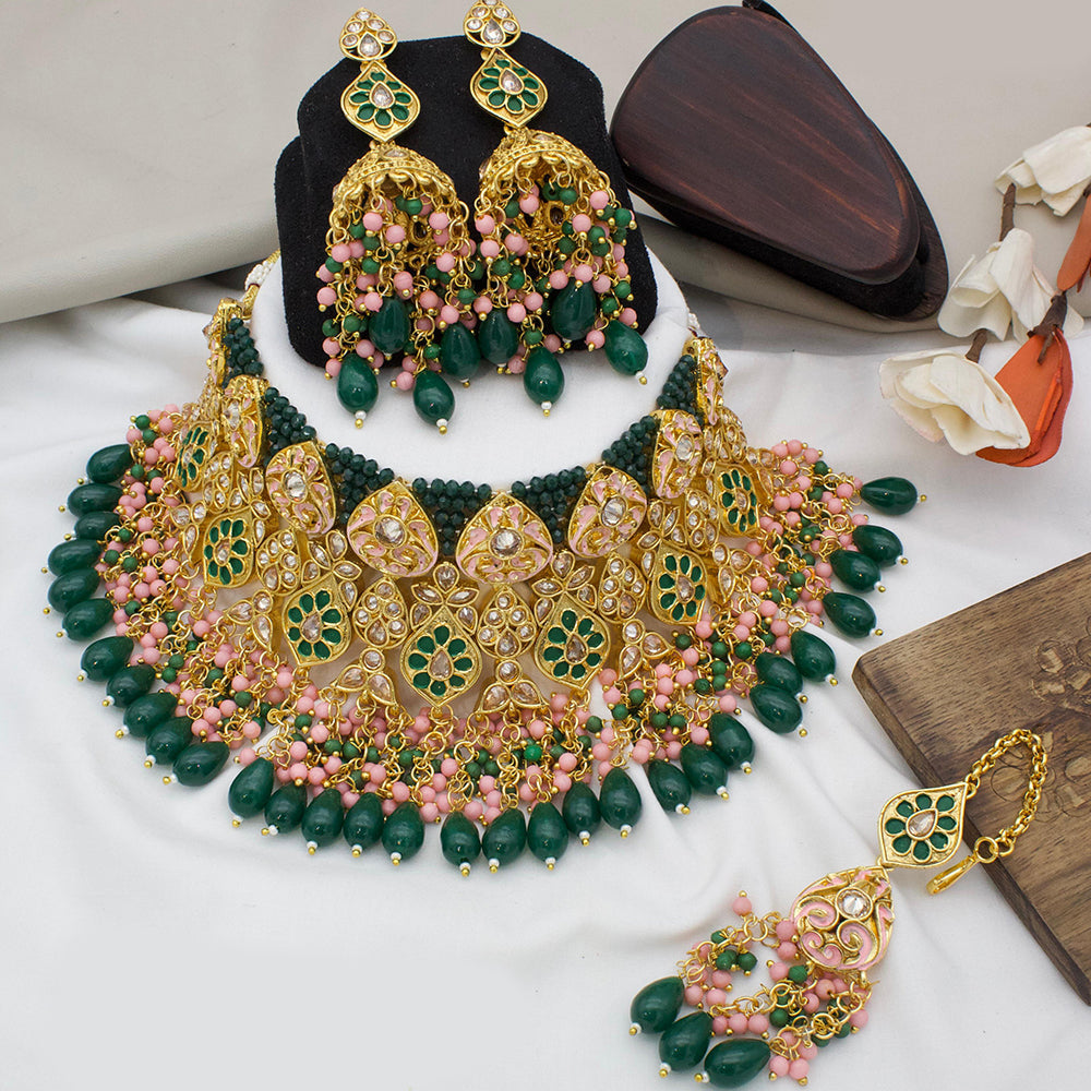 JewelMaze Gold Plated Kundan Stone And Beads Meenakari Choker Necklace Set - 10731355MR