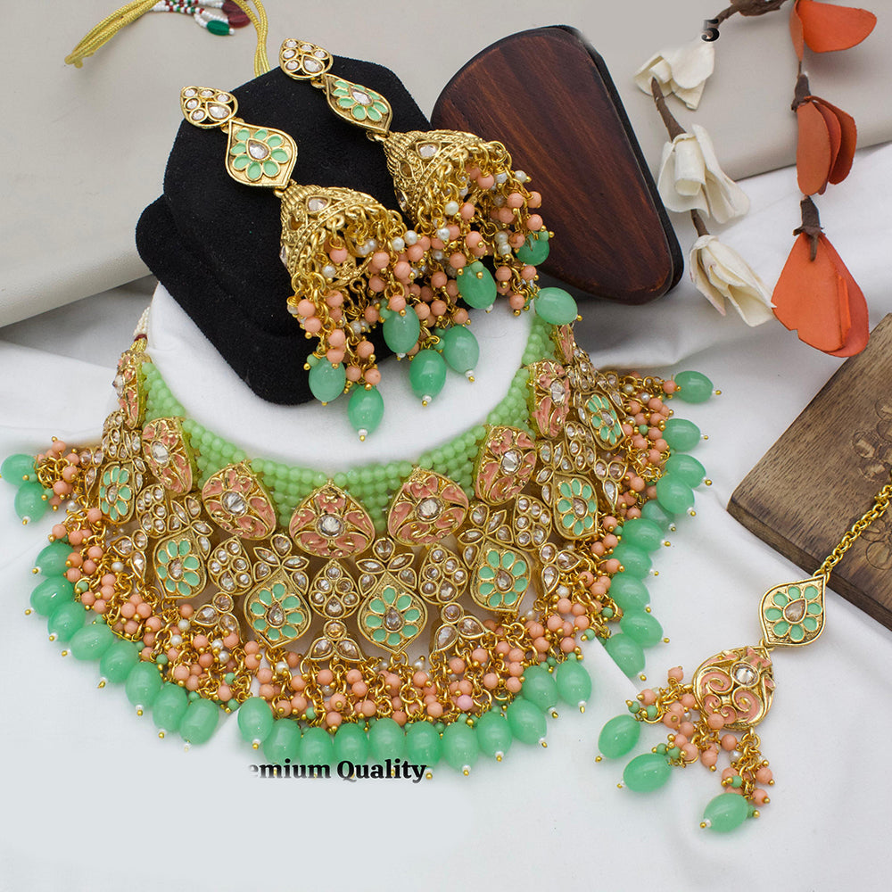 JewelMaze Gold Plated Kundan Stone And Beads Meenakari Choker Necklace Set - 10731355MR