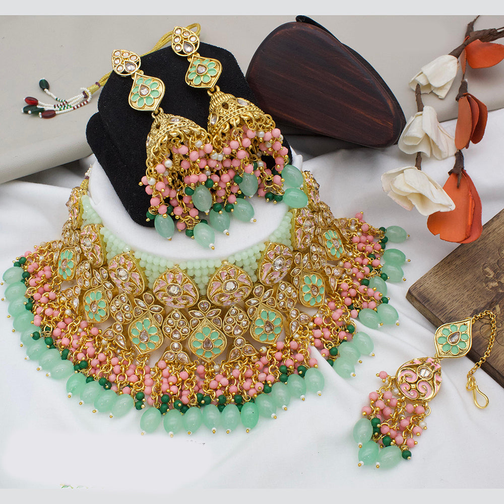 JewelMaze Gold Plated Kundan Stone And Beads Meenakari Choker Necklace Set - 10731355MR