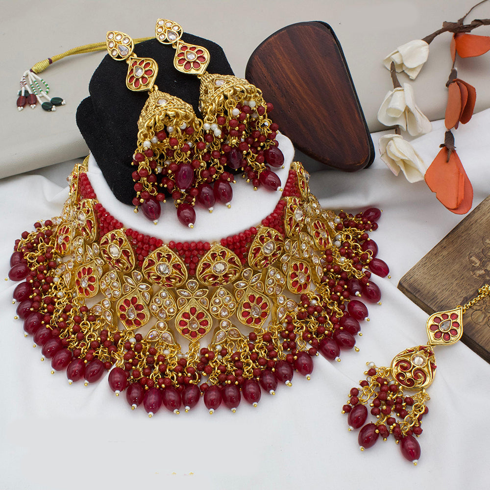 JewelMaze Gold Plated Kundan Stone And Beads Meenakari Choker Necklace Set