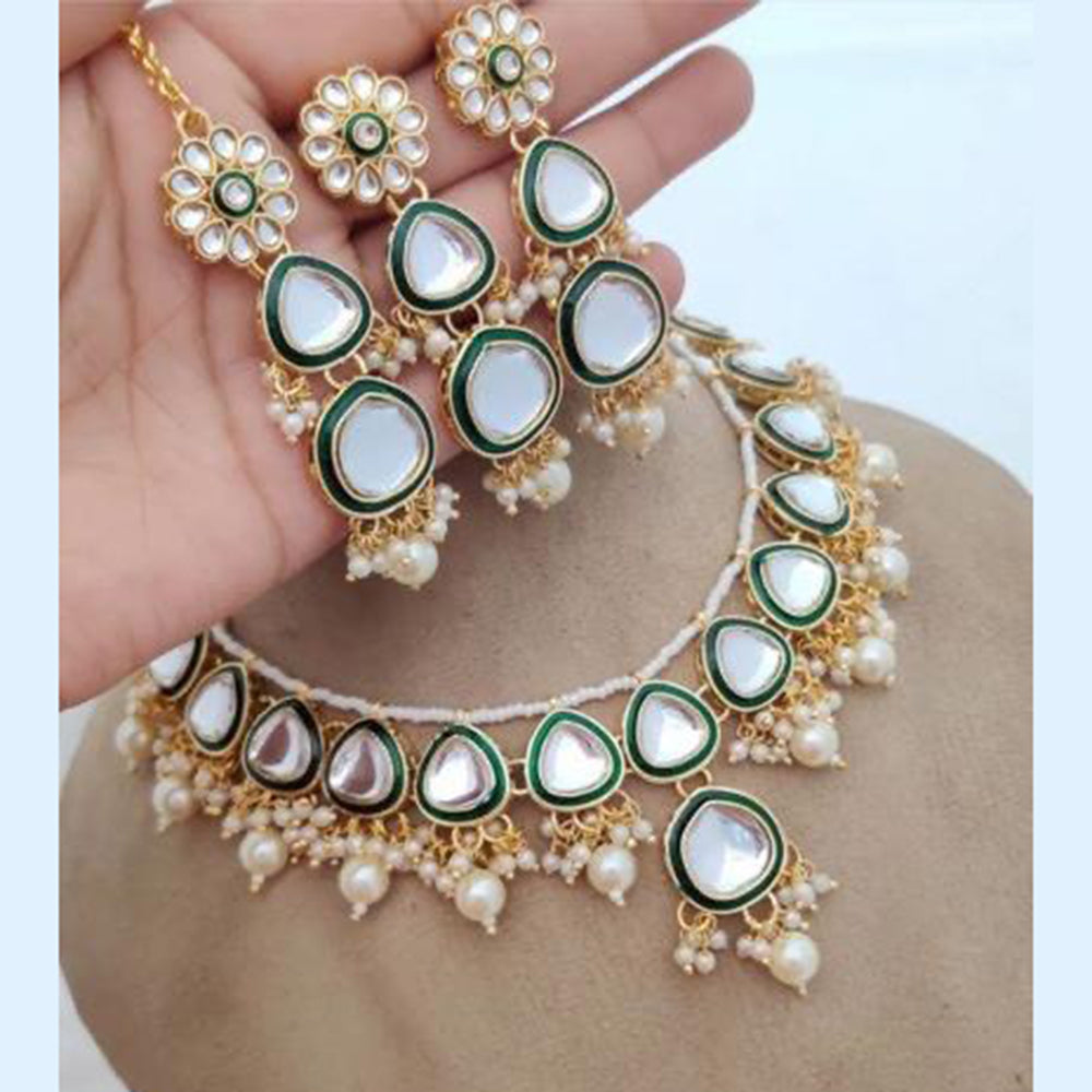 JewelMaze Gold Plated  Kundan Stone And Beads Meenakari Necklace Set - 10731356GR