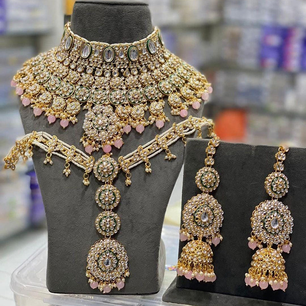 JewelMaze Gold Plated Kundan Stone And Beads Meenakari Choker Necklace Set