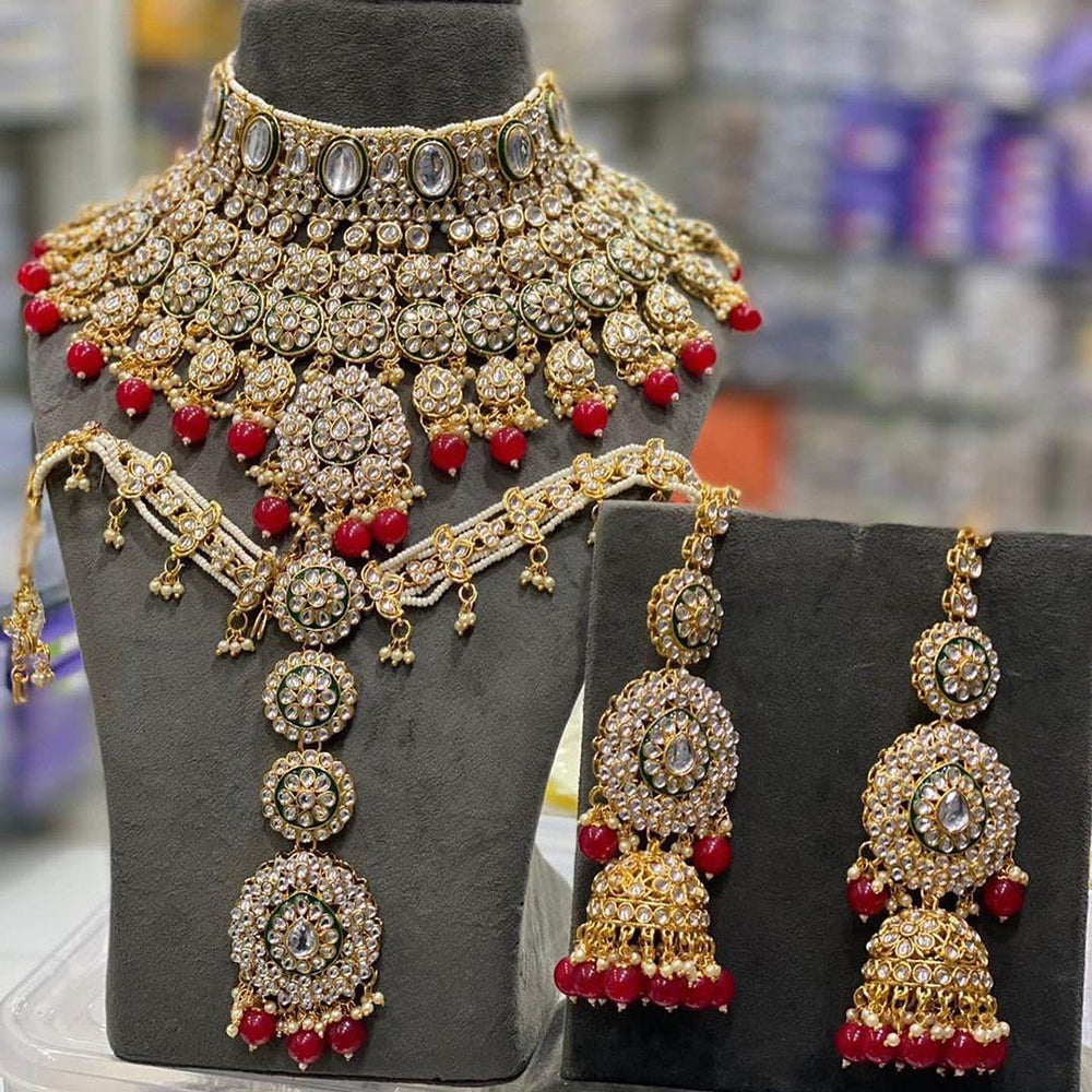 JewelMaze Gold Plated  Kundan Stone And Beads Meenakari Choker Necklace Set - 10731357GR