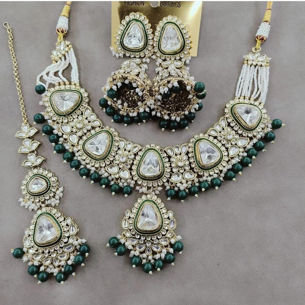 JewelMaze Gold Plated Kundan Stone And Beads Necklace Set - 10731358GR